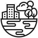 Icon for a neighborhood with trees, buildings, and clouds